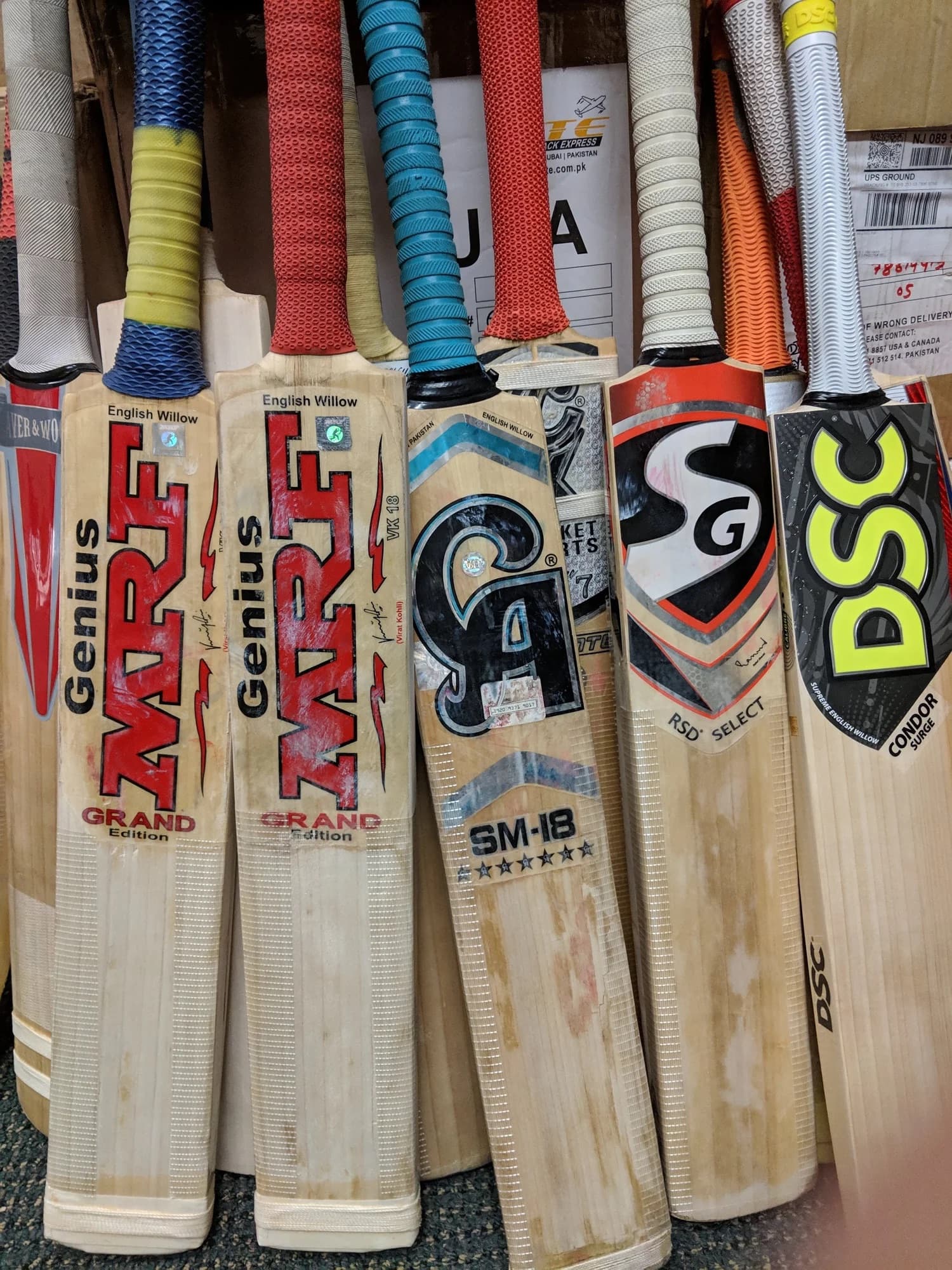 Rows of cricket bats in the Bat x Ball shop